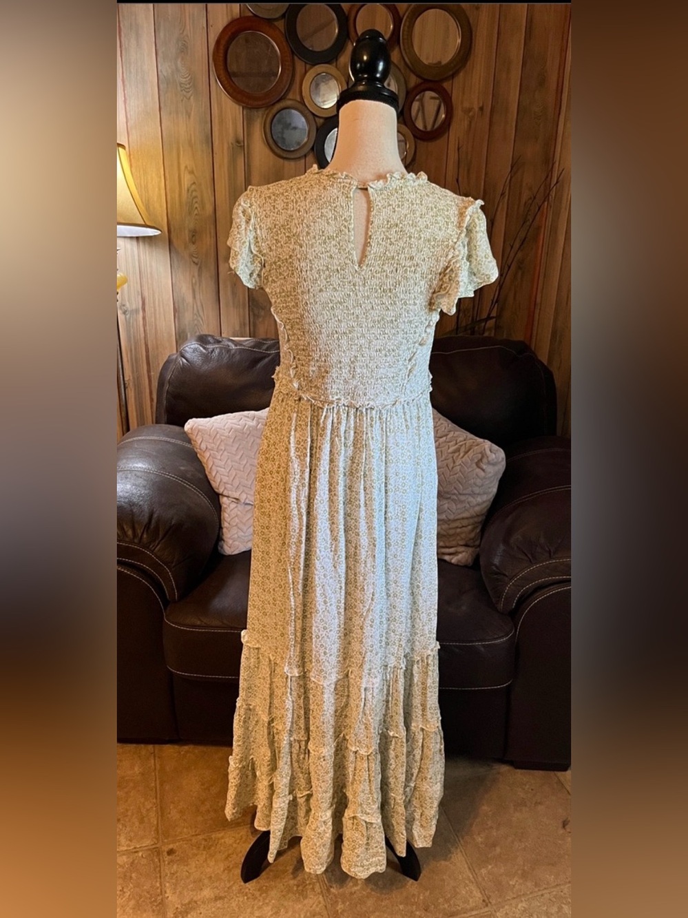 In Bloom Light Sage Floral Smocked Lined Maxi Dress Cottagecore Prairie Ditsy - Picture 6 of 10